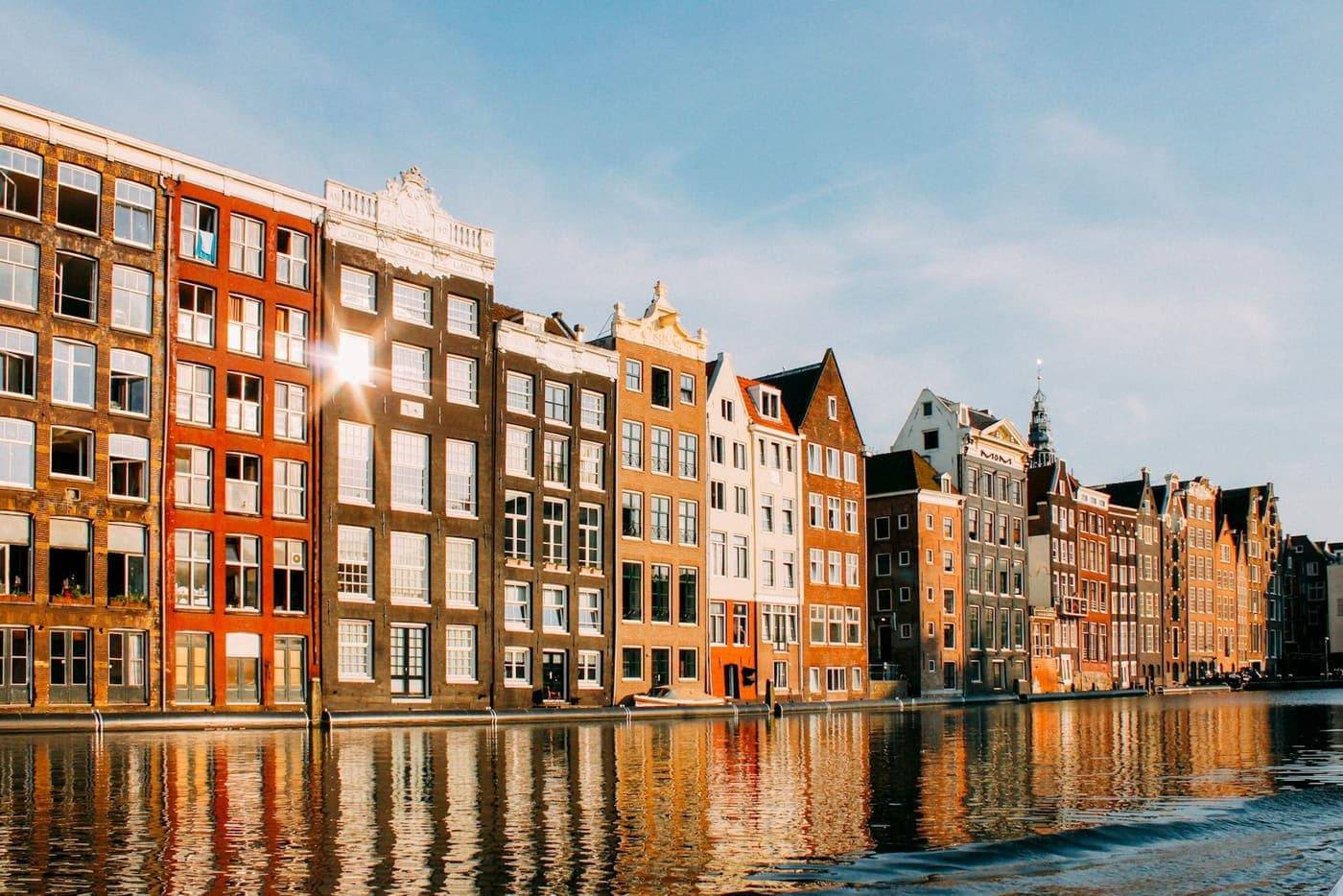 Colourful canal houses on the water in Amsterdam